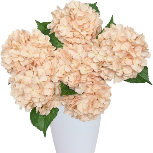 6PCS Beige Hydrangea Artificial Flowers, Champagne Silk Faux Hydrangeas