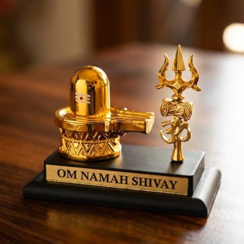 Image of Divine Hindu Shivling with Trishul Gold Finish Idol | Lord Shiva Divine Showpiece for Home Decor & Pooja Mandir | Shiva Murti for Office Desk & Car Dashboard | Auspicious Gift for Mahashivratri | G