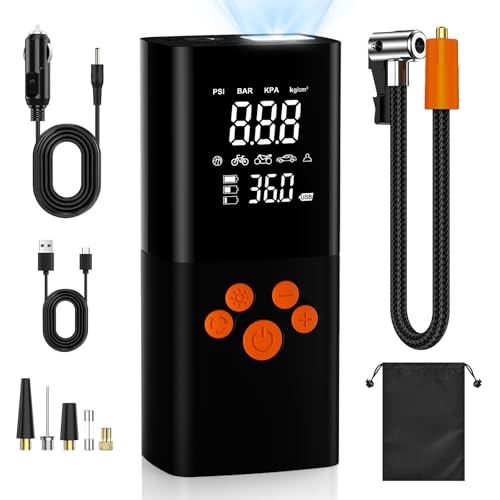 Bomba de aire eléctrica de 160 psi, compresor de batería de 10.000 mAh, bomba de bicicleta portátil con manómetro, pantalla grande y luz LED, batería con luz LED USB, color negro oscuro