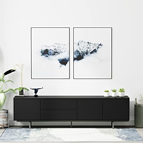 Glenwillow Home Atlas 78" x 20" Modern TV Stand Cabinet - Black Frame, Black Door/Drawers, Black Base Cover