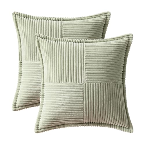 Image of MIULEE Spring Decorative Throw Pillow Covers for Couch Bed Livingroom 18x18 Inch Set of 2 Light Green Boho Accent Throw Pllows Broadside Striped Patchwork Soft Corduroy Summer Pillowcases