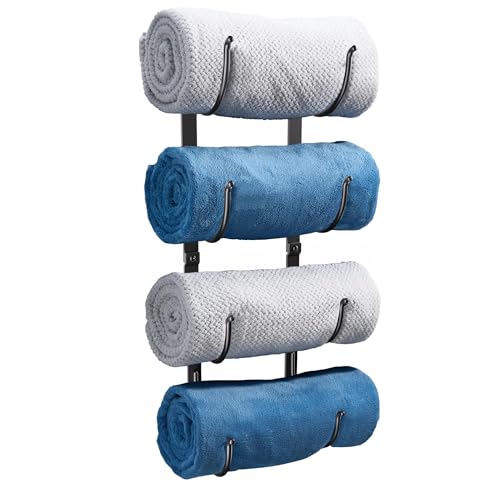 Bathroom Rolled Towel Rack: 4-Tier Wall Mounted Towel Storage Holder, Hanging Organizer for Towels, Blankets, Large Bath Sheets, Space Saving in RV, Closet, Toilet, Cabinet, Black Metal