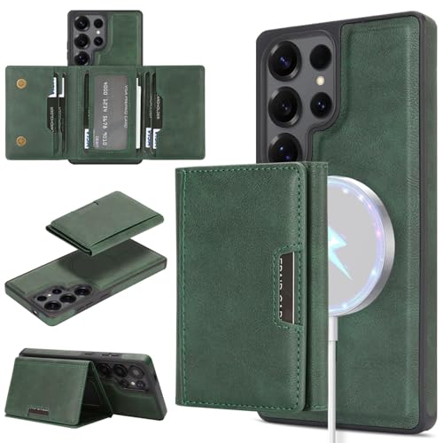 Étui Galaxy S25 Plus vert - Housse portefeuille magnétique en cuir avec fentes pour cartes