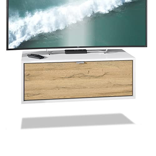 Vladon Meuble TV Lana 80 Armoire Murale lowboard 80 x 29 x 37 cm, Caisson en Blanc Mat, façades en Chêne Nature | Grand Choix de Couleurs