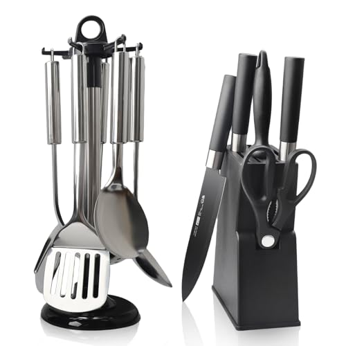 Juegos de Cuchillos de Cocina 12 Utensilios Set Utensilios de Cocina con negro plata 5 cuchillos soporte accesorios afilador en acero inoxidable para cocina familiar