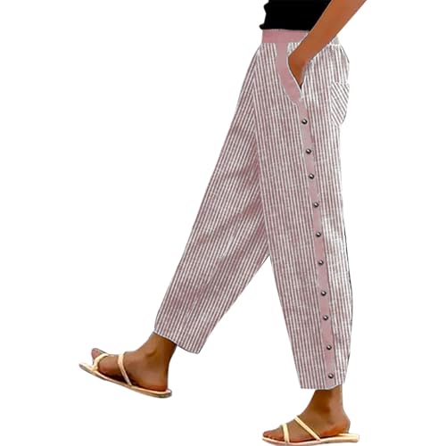 Pantalon 7/8 pour l'été en lin léger avec poches cargo et taille élastique ajustable