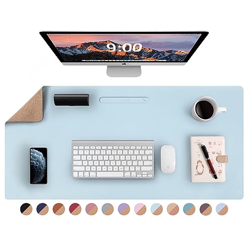 LOLLIDO Leather Desk Pad - 36" x 17" Office Desk Mat, Large Mouse Pad Desk Protector, Desktop Mat, Desk Writing Pad, Desk Blotter, Desk Cover (Cork+Sky Blue)