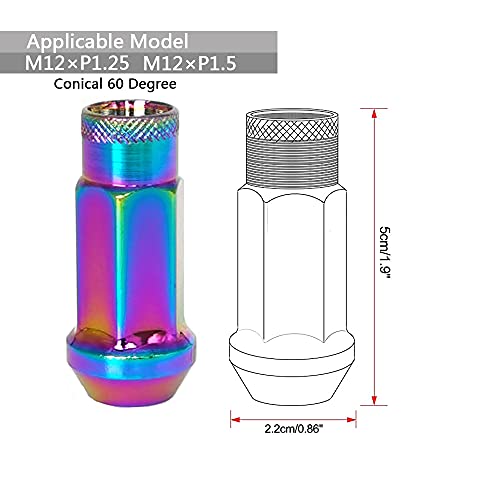 Image of Lug Nuts M12x1.25 Open End Wheel Nuts,Taper Acorn Seat, Forged Locknut Racing Nut 20 Set 2 Pieces Total 22 Pieces and 1 Nut Socket Key (Multicolored M12 x P1.25)