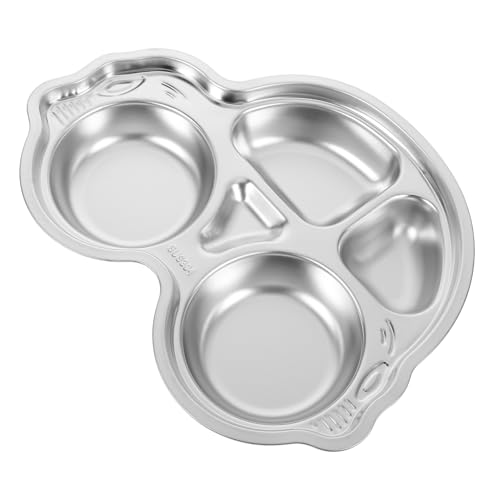 Unomor 4 Section Divided Plates Stainless Steel Toddler Plate Set Silverware for Portion Control Lunch Box Boys and Girls Serving Platter Cartoon Design Kindergarten
