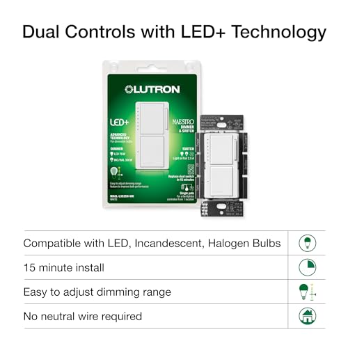 Lutron Maestro LED+ Dual Dimmer and Switch | 75-Watt LED Bulbs/2.5A Fans, Single-Pole | MACL-L3S25-WH | White by Lutron - Used condition - Image 9