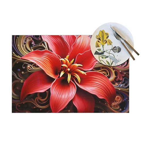 Sets de table en vinyle PVC tissé résistant chaleur rouge - 8
