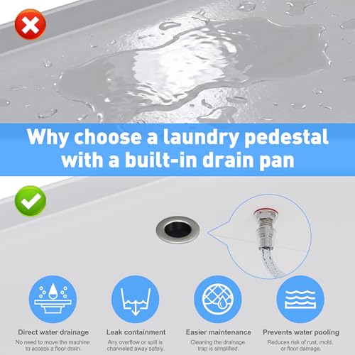 Image of Washer and Dryer Pedestal with Storage, 29 Inch, 23 Inch High | White metal stand with pull-out shelf, enclosed cabinet, drainage opening, 770 lb capacity, and required assembly.