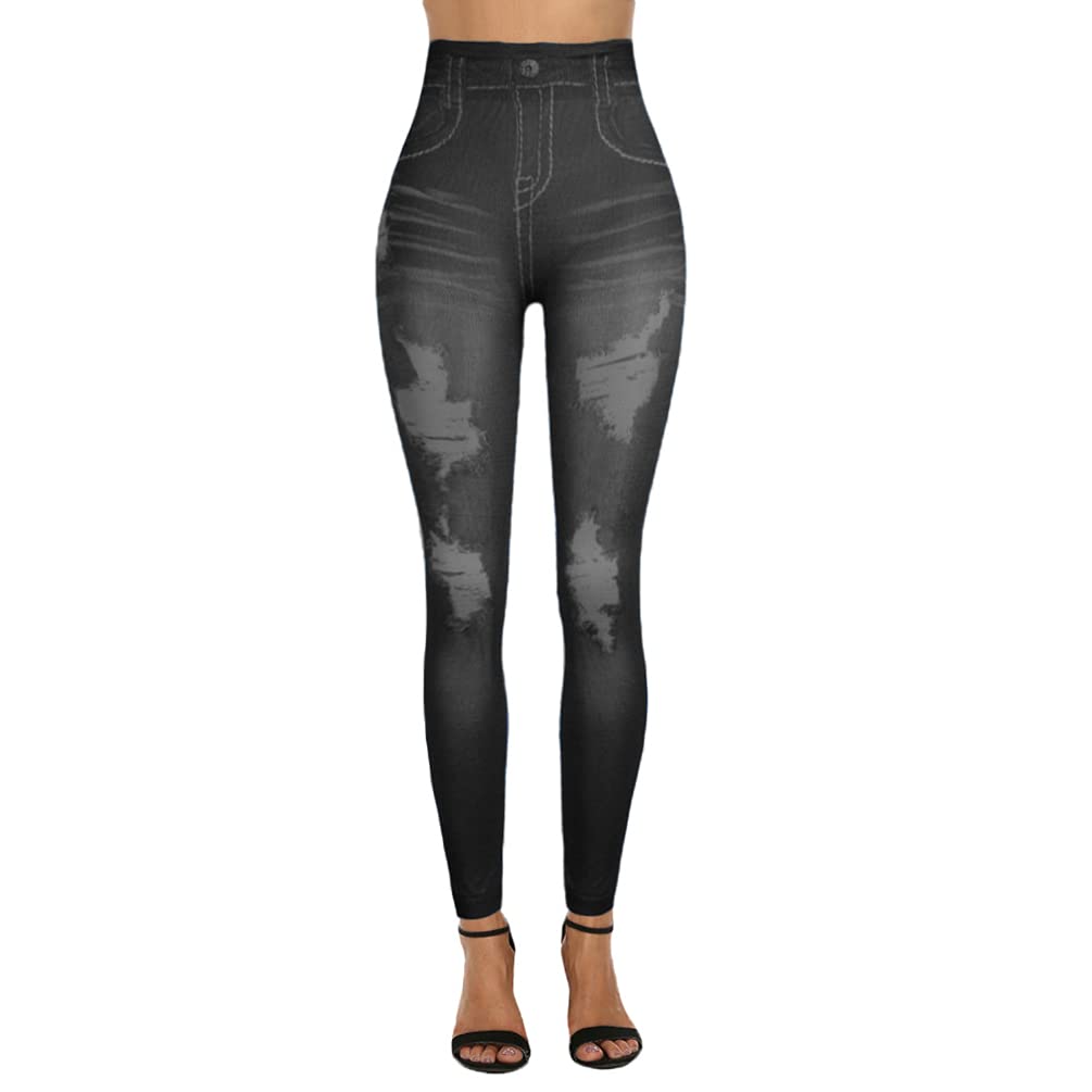 Junhouse Women Ladies Skinny Faux Denim Leggings Jeans Jeggings Fit Classic Stretch Floral Jeans High Waist Pencil Pants Tights Trousers (XL,DMK Black)
