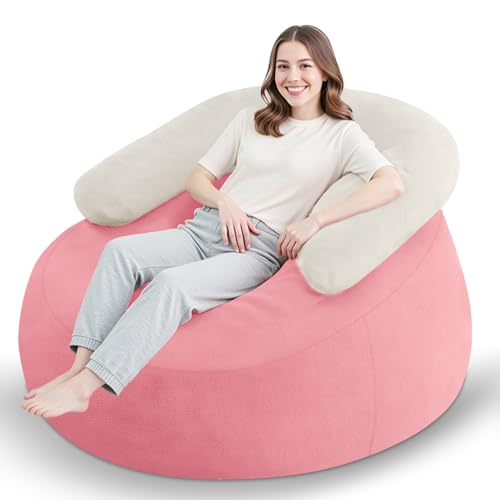 HABUTWAY Bean Bag Chair with U-Shaped Pillow for Adult and Kids Big BeanBag Chair with Filling Ultra Soft Teddy Fleece Couch Chair with Washable Cover for Living Room Bedroom,Teddy-Pink & Beige