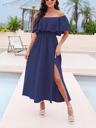 Image of CUPSHE Women Ruffle Floral Maxi Summer Dress Off Shoulder Short Sleeve Backless Flounce Bodice Slit Hem Beach Dresses