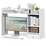 LAND·VOI Desktop Bookshelf with Drawer, Desk Hutch with 4 Storage Shelves for Computer Desk, Desk Shelf for Home Office Dorm, Dressing Tabletop, Bar Countertop, White