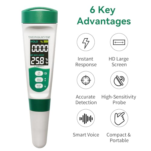 Image of LABART 5-in-1 Digital pH Meter & TDS Tester with Voice Function | EC, Salinity & Temperature Monitor | Waterproof Rechargeable Device for Aquarium, Pool & Drinking Water