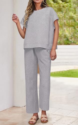 Image of PRETTYGARDEN 2 Piece Outfits For Women Casual Tracksuit Short Sleeve Tops And Wide Leg Long Pants Matching Lounge Sets