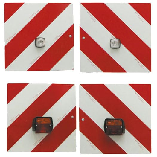 Warntafelsatz mit Leuchten und 7-poligen Anschlusskabel | für Trecker, Traktor, Auto, Wohnwagen, Wohnmobil, KFZ | Warnschild | reflektierend | rot/weiß || Beidseitig (Vorder+Rückseite - 43790)