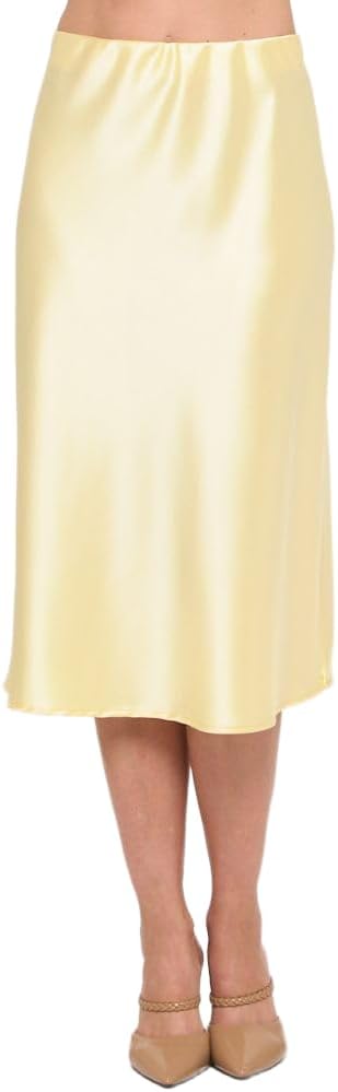 Women Solid High Waist Silky Casual Elastic Satin Midi Skirt -Made in USA (Available in Plus Size)