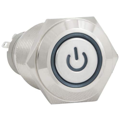 Jacobsparts Latching Maintained Pushbutton On/Off Switch Circular Metal Silver With Blue Power Symbol Light Fits 5/8" (16Mm) Diameter Panel Cutout Hole #TOP13