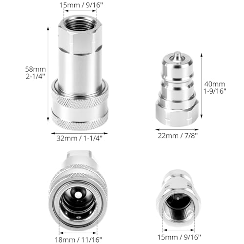 Image of QWORK Hydraulic Quick Connect Couplers, Set of 2, 3 /8 inch NPT Thread and 3 /8 inch ISO Body, 4,000 PSI, 12.15 GPM Maximum Flow, Hardened Steel with Dust Caps