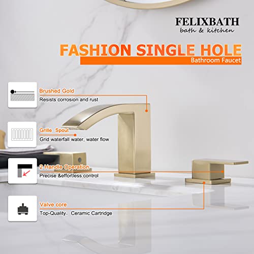 Bathroom Sink Faucets, 3 Holes Two Handles Bathroom Faucet With Pop Up Drain And 2 Water Supply Lines, 8 Inch Widespread Bathroom Sink Faucet Waterfall Bathroom Sink Faucet Brushed Gold #TOP1