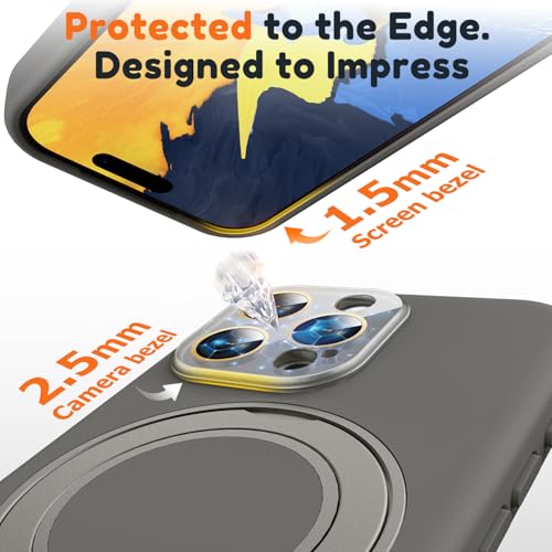 Image of Silicone 360 Spin Magnetic Stand Case for iPhone 16 Pro Max, [Compatible with Mag-Safe][Reinforced Hard Camera Protection] Liquid Silicone Rubber Phone Cover with Ring, Camera Button, Slate Gray