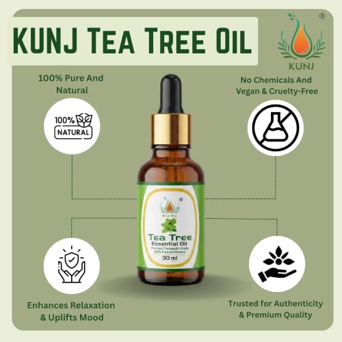 Image of KUNJ Tea Tree Essential Oil for Acne Care, Dandruff, Hair & Scalp Care 30ml | 100% Pure Steam Distilled Tea Tree Oil for Face, Nails, Diffuser & Aromatherapy | Natural Essential Oil