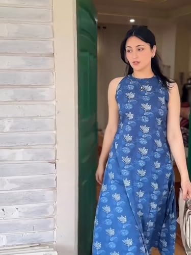 Image of GoSriKi Viscose Printed Straight Kurta with Pant for Women | Viscose Blue | Sleeveless | High Neck | Ethnic Wear Casual Wear