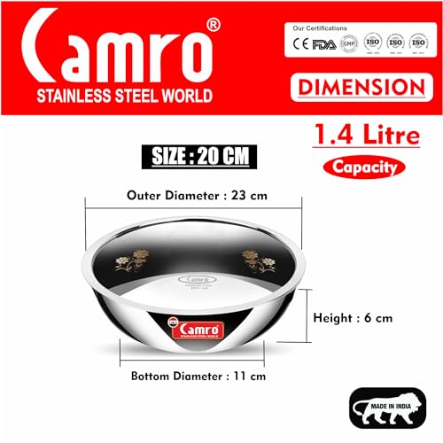Image of Camro Triply Artisian Tasla (1.2 Liters, 20 Cm) with Steel Lid | Stainless Steel Induction Friendly | 3-Layer Body, Dishwasher Safe | 6 Years Warranty