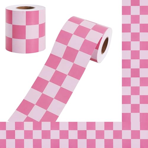 Vuzvuv 66 Ft 3In Pink Checkered Flag Bulletin Board Border, 1 Roll of Straight Trim Border Back to School Decoration Stripe for School Classroom, Office & Home Decor