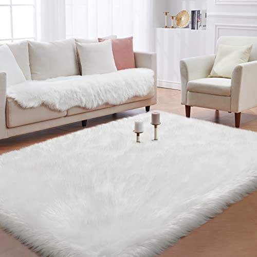 Image of Tangsoo Faux Fur Sheepskin Rug,White Fluffy Fuzzy 3x5 Area Rug for Bedroom