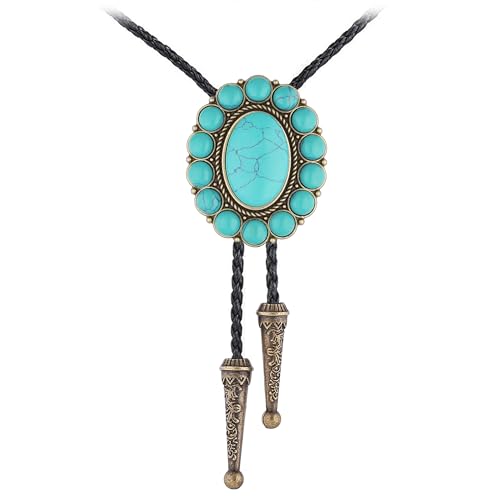 Image of GelConnie Bolo Tie for Men Women Western Cowboy Turquoise Leather Necktie | Natural Stone Bolo Tie Necklace for Women Rodeo Cowboy Leather Necktie Native American Western Cowgirl Ties Adjustable Cord