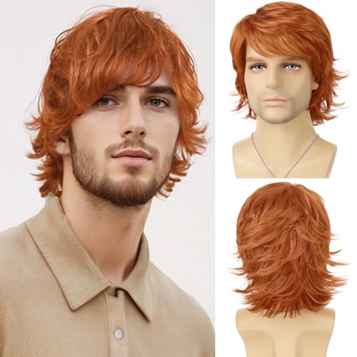 Tereshar Mens Ginger Orange Wig Short Layered Natural Wavy Synthetic Heat Resistant Hair Wigs Male Guy Daily Party Halloween Costume Cosplay Wigs (Ginger Orange)