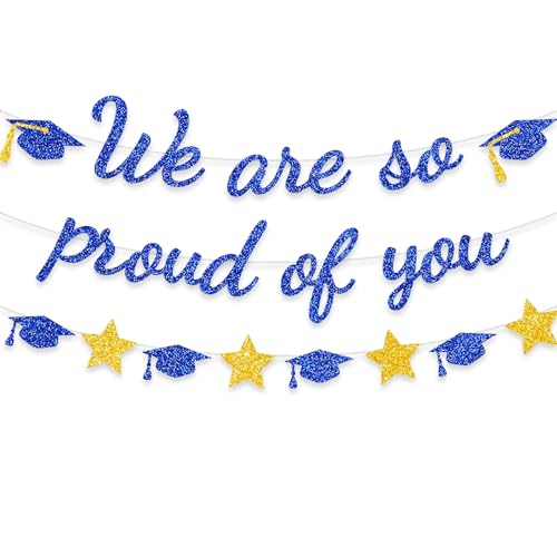 Image of We Are So Proud Of You Banner Graduation Party Decorations Glitter Congratulations Class Grad Ideas Blue Gold