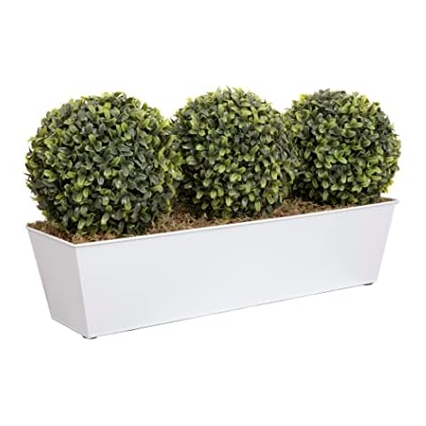Artificial Topiary Triple Ball Aglaia Boxwood in White Slanted Tin Window Box 54cm/21in Cover