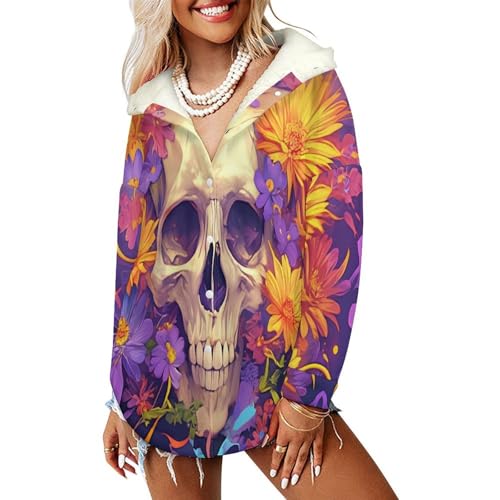 Veste polaire femme crâne de fleur blouson thermique jaune doublé sherpa avec poches