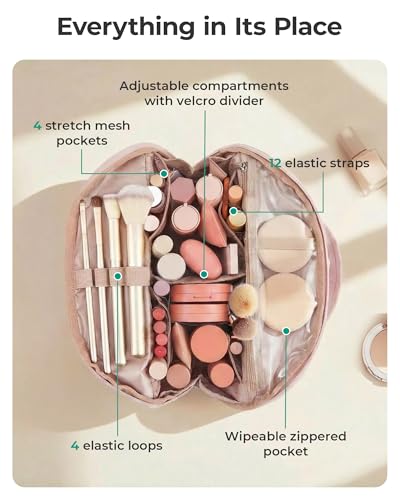 Image of BAGSMART Travel Makeup Bag, Fold-Down Cosmetic Pouch for Women, Pink | Fold-down for easy access. Removable divider for smart organization. Puffy padded & water-resistant for cosmetics