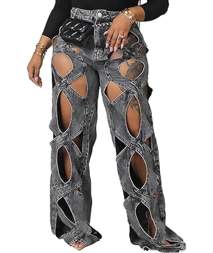 xxxiticat Women's Hollow Out Denim Pants High Waist See Through