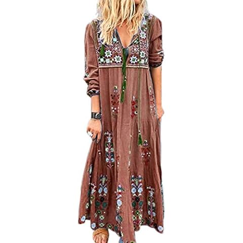 LAIKETE Women Casual Dress Bohemian Long-Sleeved V-Neck Strappy Maxi Dresses Print Retro Kaftan Beach Swimsuit Cover Up Long Bikini Swimwear Brown Cover