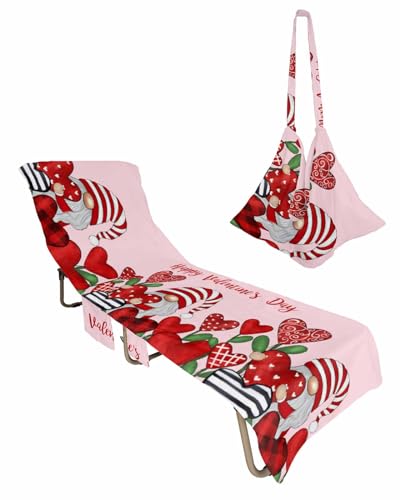 Valentine's Day Beach Chair Towel Covers for Chaise Lounge with Side Pocket, Soft Plush Pool Towels Cover for Patio Sunbathing Outdoor 29''x85'' Red Stripes Gnomes Love Rose Pink