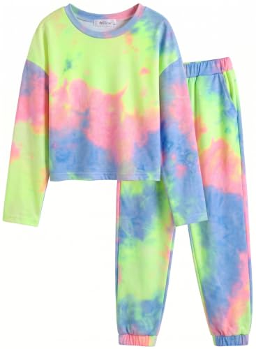 Image of Arshiner Girls 2 Piece Outfits Kids Trendy Tie Dye Sweatsuits Sets | Size 5-14Y, Girls 2-Piece Tracksuit Set, Tie Dye Print, Long Sleeve Top & Jogger Pants, Soft Polyester, Elastic Waistband