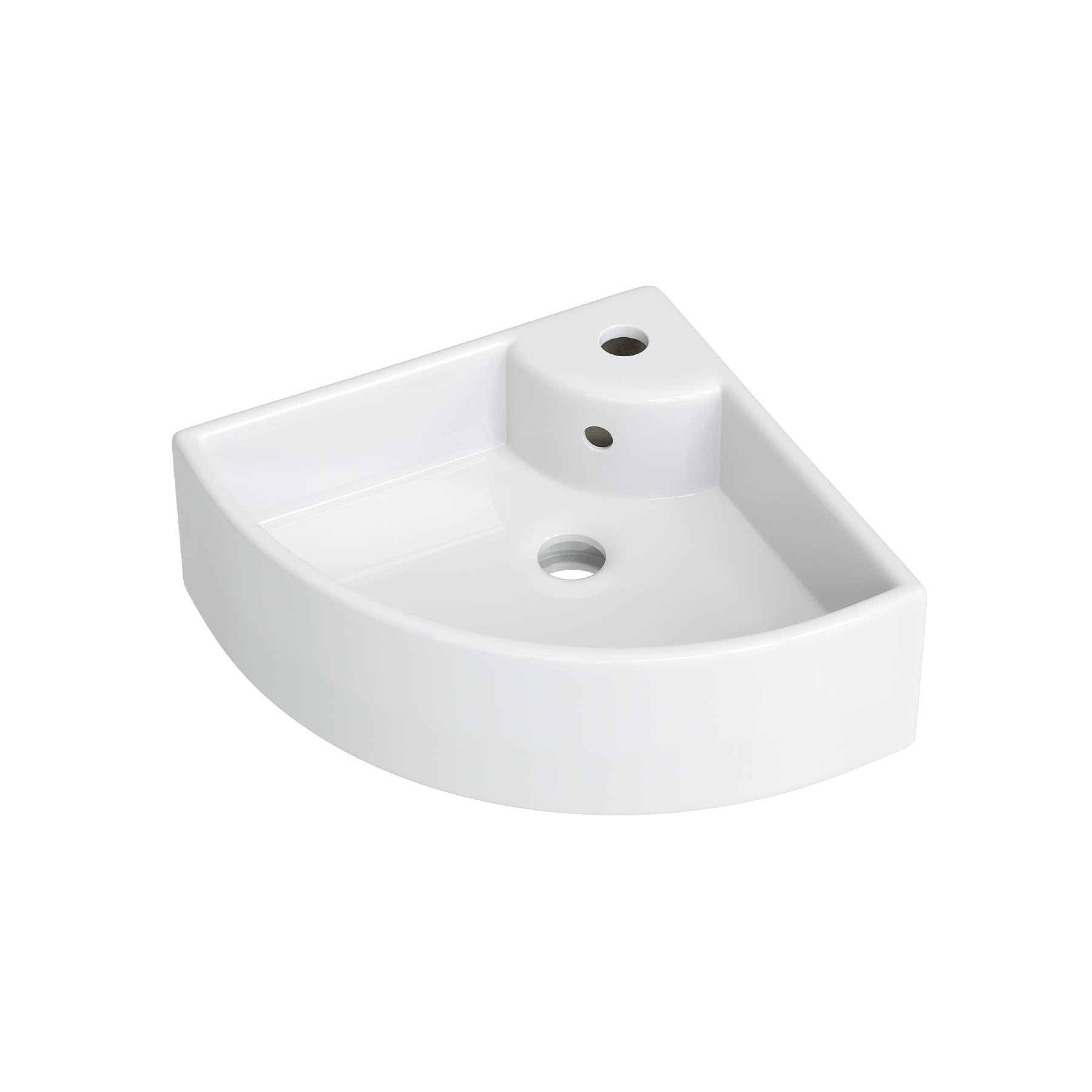 Lavabo esquinero pequeño de cerámica, 460 x 330 mm, blanco, pequeño lavabo para invitados y baños pequeños, montaje en pared o sobre encimera con orificio para grifo y rebosadero, diseño moderno de