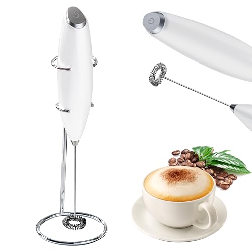 Espumador de leche eléctrico de mano mini espumador con base para cafetera, batidor de huevos para chocolate, capuchino, frappé, batidor portátil (blanco)