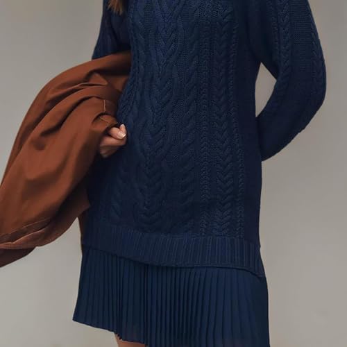 Women Crewneck Cable Knit Sweater Mini Dress, Sweater Dresses for Women 2025, Soft Stretchy Knitted Patchwork Dress4