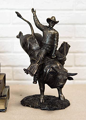 Ebros Rustic Western Rodeo Bull Rider Cowboy On Bucking Bull Statue 10.5" Tall Faux Bronze Resin Old World Wild West Cattle Bull Riding Cowboys Themed Accent Figurine #TOP1
