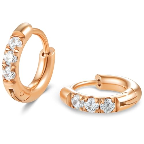 Image of Hypoallergenic Unisex Surgical Steel Small Cubic Zirconia Huggie Hoop Earring, Color Gold - Silver - Rose Gold - Black - Rainbow, Size 6mm- 12mm Safe for Sensitive Ear