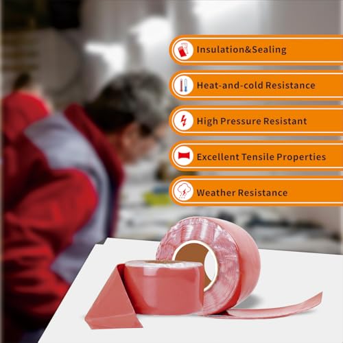 Image of Self Fusing Silicone Tape, 16.4ft Waterproof Heat Resistant Rubber Repair Tape for Emergency Fixes, High Voltage Cable Insulation, Automotive Hose Repair, Outdoor Camping Gear, Plumbing Leak Seal, Red