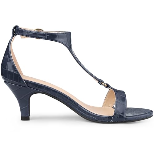 Allegra K Allegra K Women's T Strap Embossed Kitten Navy Blue Heel Sandals 10 M US